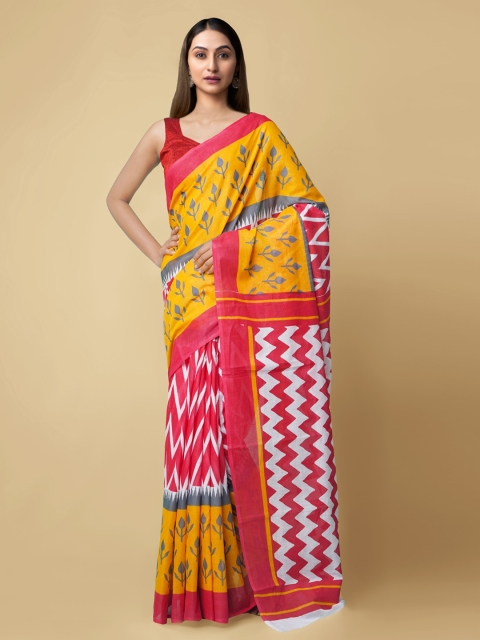 

Unnati Silks Yellow Pure Cotton Printed Handloom Pochampally Saree