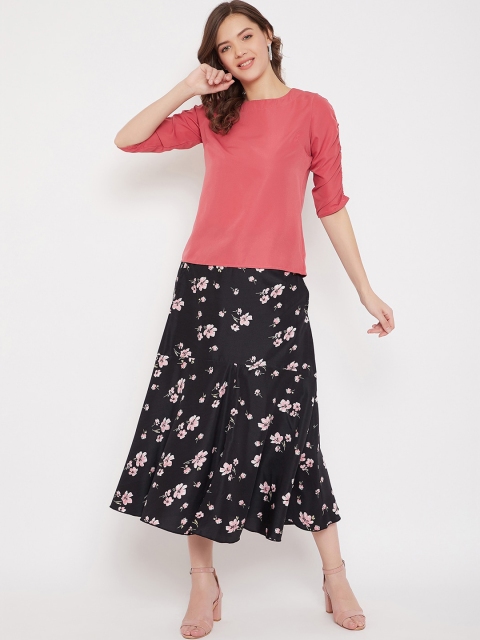 

Bitterlime Women Pink & Black Solid Top with Skirt