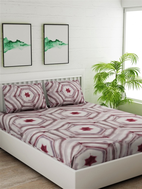 Salona Bichona Off-White & Maroon Abstract 180 TC Cotton 1 King Bedsheet with 2 Pillow Covers