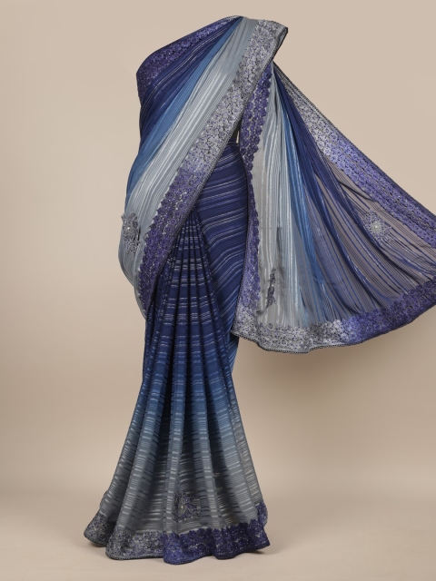 

Pothys Blue & Silver-Toned Poly Chiffon Striped Saree
