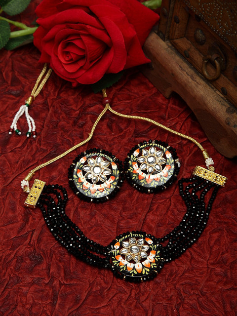 

Moedbuille Kundan and Black Onyx Stones Studded Gold Plated Handcrafted Meenakari Jewelry Set