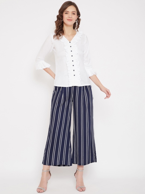 

Bitterlime Women White & Navy Blue Solid Top with Palazzos