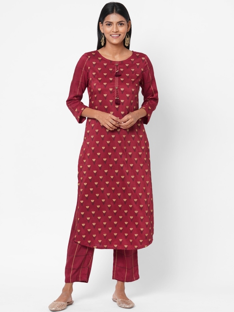 

Os Women Red Woven Design Straight Kurta