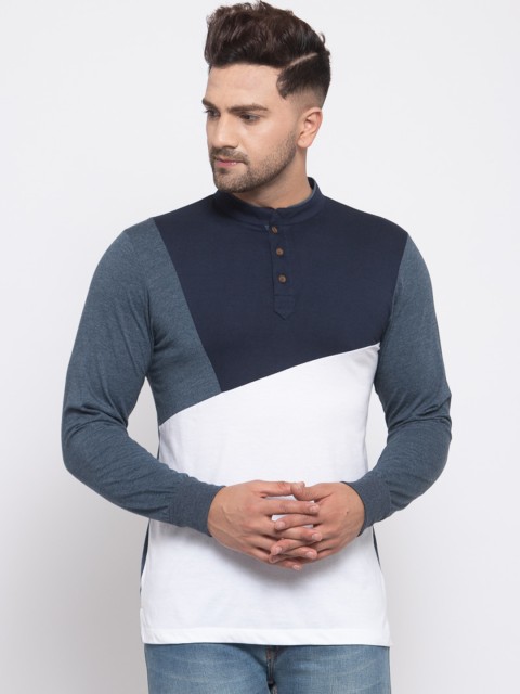 

Kalt Men Blue & White Colourblocked Henley Neck T-shirt