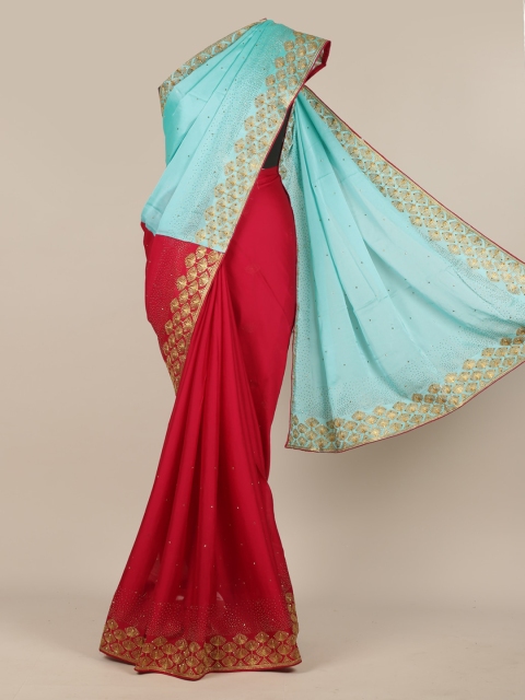 

Pothys Turquoise Blue & Red Poly Chiffon Colourblocked Saree