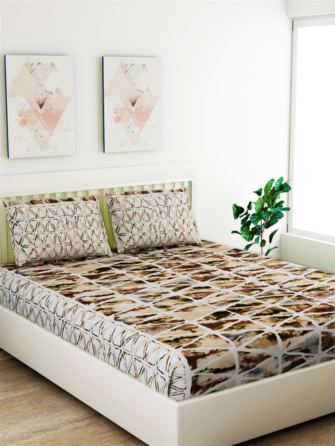 

Salona Bichona Brown & White Geometric 180 TC Cotton 1 Queen Bedsheet with 2 Pillow Covers