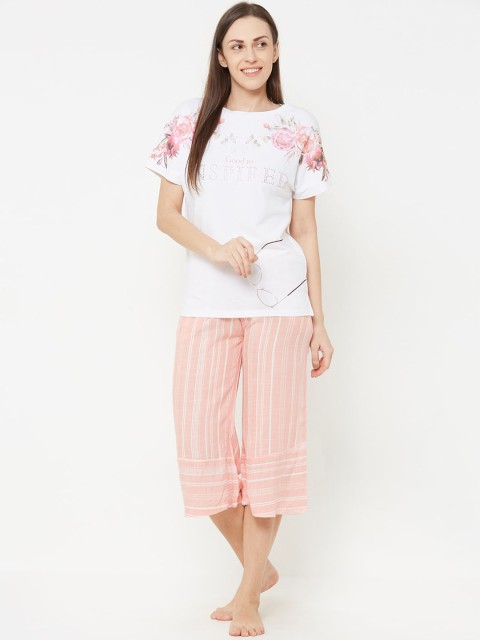 

Sweet Dreams Women White & Peach-Coloured Printed Night suit