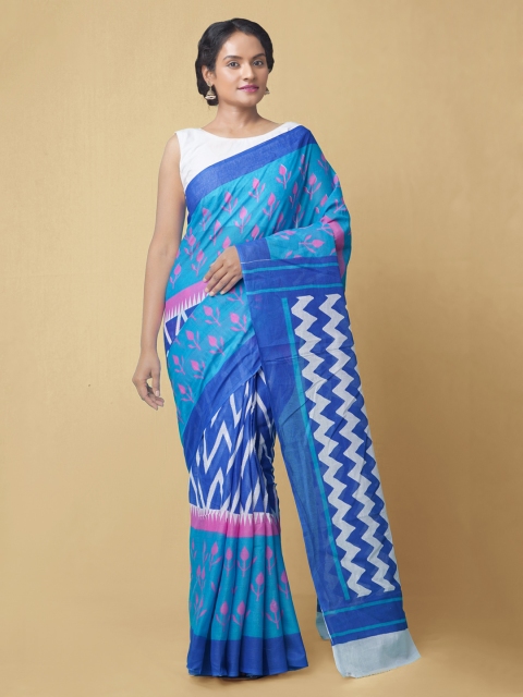 

Unnati Silks Blue & Off-White Pure Cotton Printed Pochampally Saree