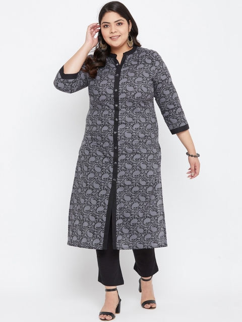 

Agroha Women Grey & Black Paisley Printed Band Collar Kurta