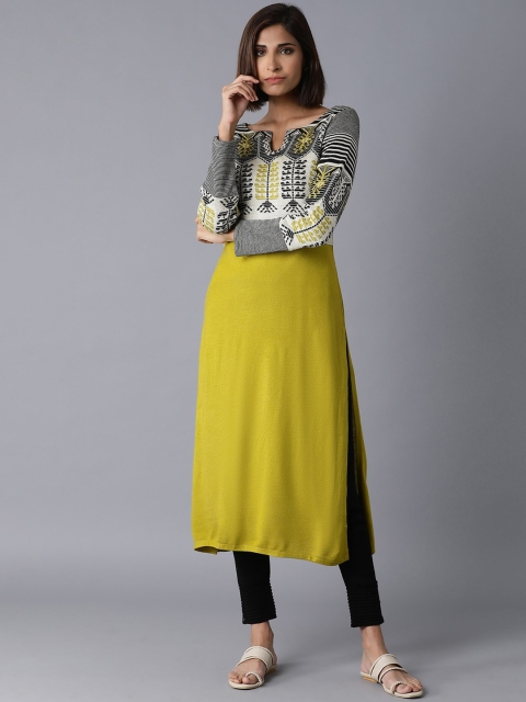 

W Women Green & Off White Ethnic Motifs Colourblocked Kurta