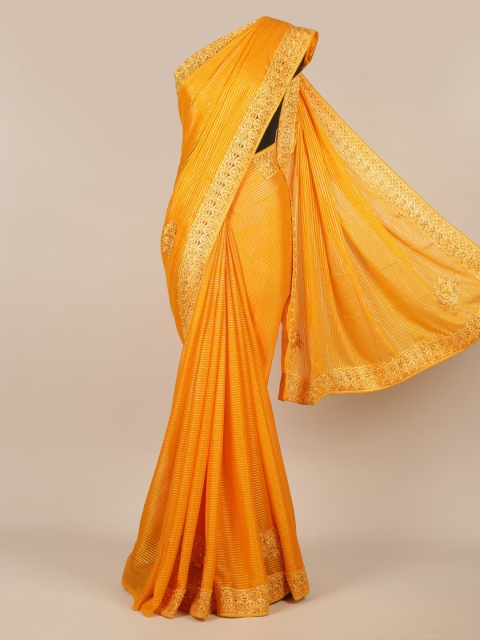 

Pothys Yellow Striped Poly Chiffon Saree