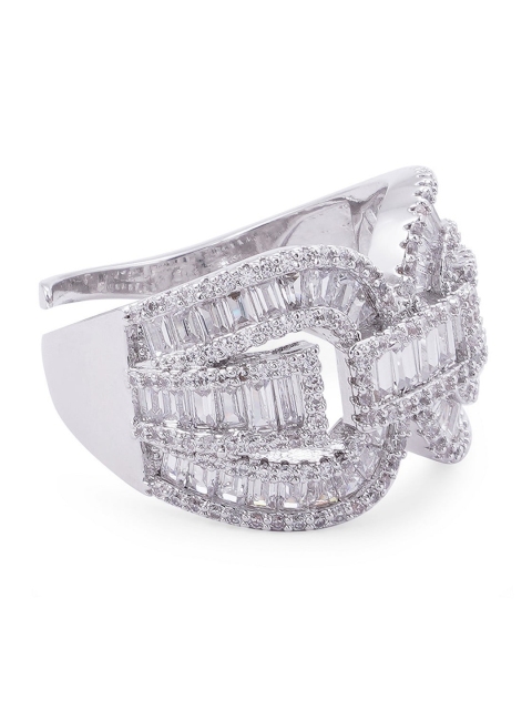 

shaze Silver-Toned White CZ Stone-Studded Adjustable Finger Ring