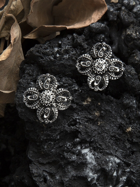 Moedbuille Floral Design Oxidised Silver Plated Handcrafted Filigree Work Studs
