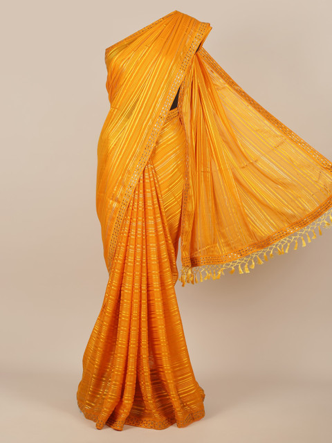 

Pothys Mustard Striped Poly Chiffon Saree