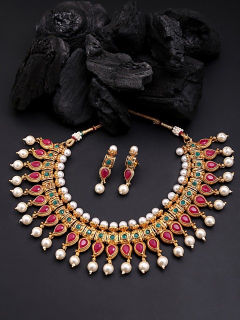

Yellow Chimes Gold-Plated Red & Green Stone-Studded Pearl Handcrafted Jewellery Set