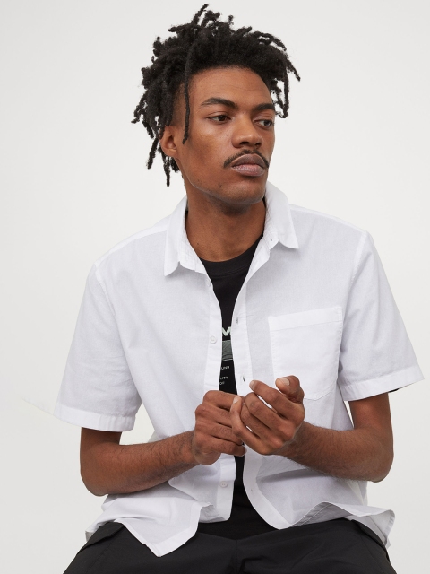 

H&M Men White Solid Short-sleeved cotton shirt