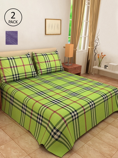

KLOTTHE Set Of 2 Green & Purple Checked Double Bed Covers With 4 Pillow Covers