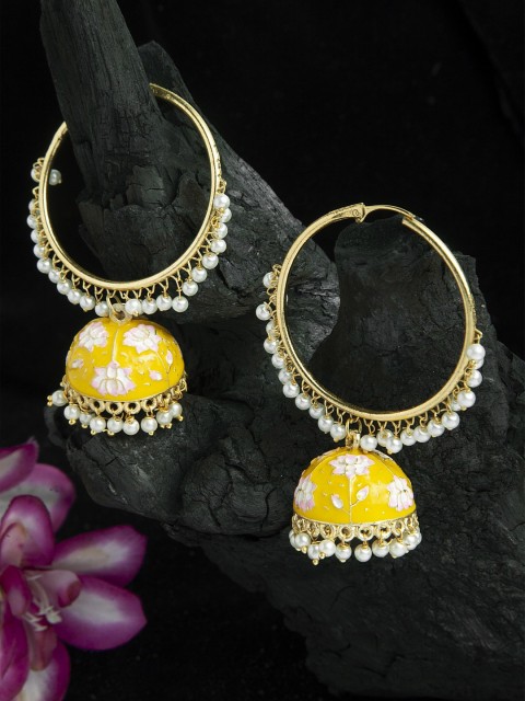 

Moedbuille Pearls Studded Handpainted Meenakari Design Gold Plated Handcrafted Brass Jhumkas, Yellow