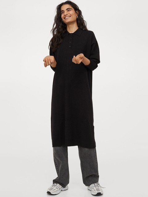 

H&M Women Black Knitted Collared Sustainable Dress