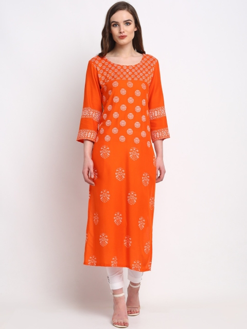 

Friskers Women Orange & White Floral Printed Kurta