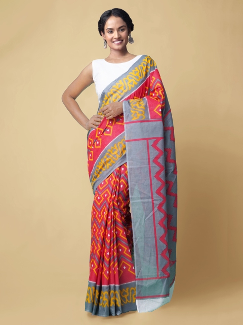 

Unnati Silks Pink & Grey Pure Cotton Printed Pochampally Handloom Saree