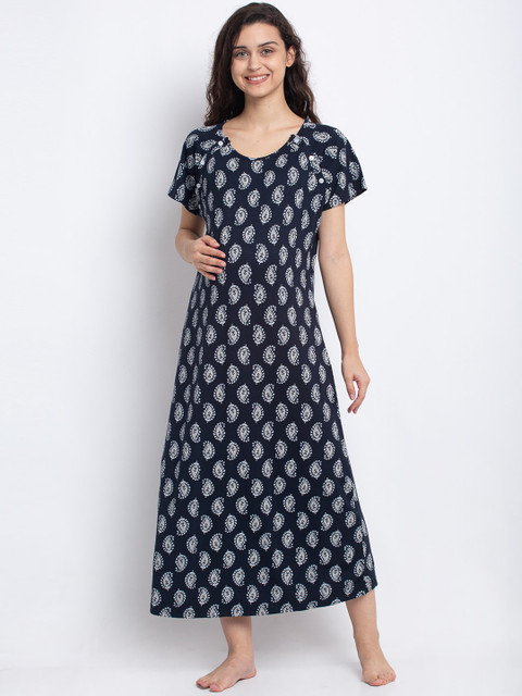 

Tiara Women Navy Blue & Grey Printed Maternity Nightdress