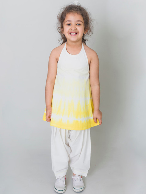 

Tiber Taber Girls Yellow & White Tie & Dye Kurta with Dhoti Pants
