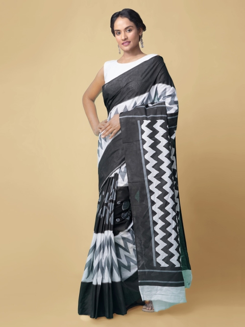 

Unnati Silks Grey Pure Cotton Printed Handloom Pochampally Saree