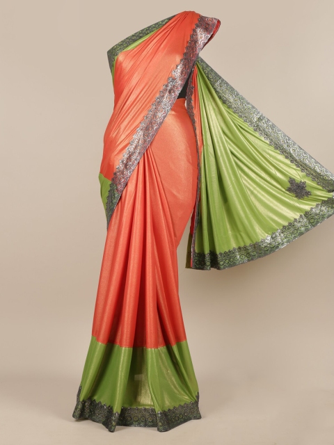 

Pothys Peach-Coloured & Green Poly Chiffon Solid Saree