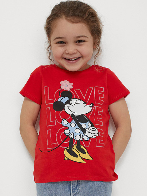 

H&M Girls Red & White Pure Cotton Printed Motif-Front Top