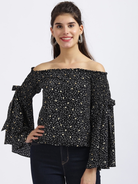 

Zink London Women Black Printed Off-shoulder Flared Sleeves Smocked Bardot Top