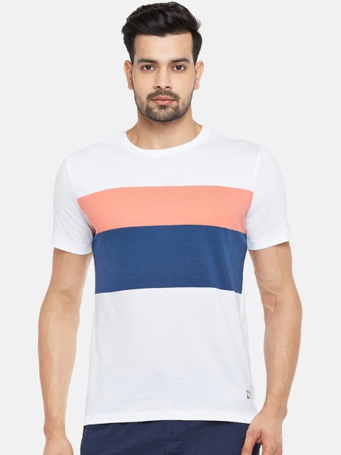 

Urban Ranger by pantaloons Men White Navy Blue Colourblocked Round Neck Cotton Pure Cotton T-shirt