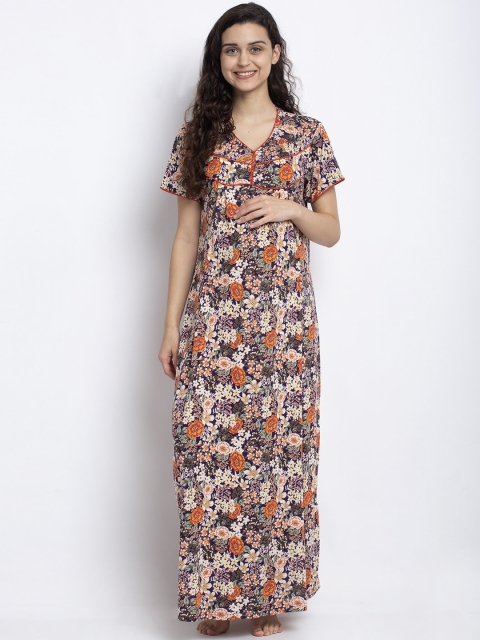 

Tiara Navy Blue & Orange Printed Viscose Rayon Maternity & Feeding Nightdress