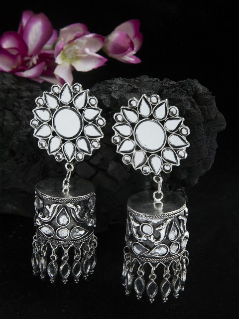 

Moedbuille Mirrors Studded Tasselled Design Oxidised Silver Plated Handcrafted Tribal Jhumkas