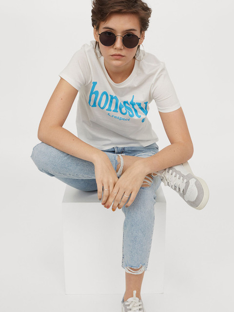 

H&M Women White & Blue Batik-Patterned T-shirt