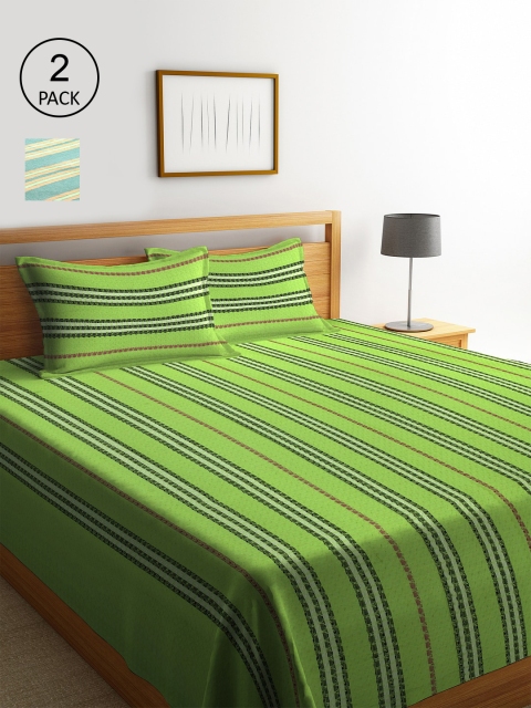 

KLOTTHE Set of 2 Blue & Green Woven Design Double Bed Cover with 4 Pillow Covers