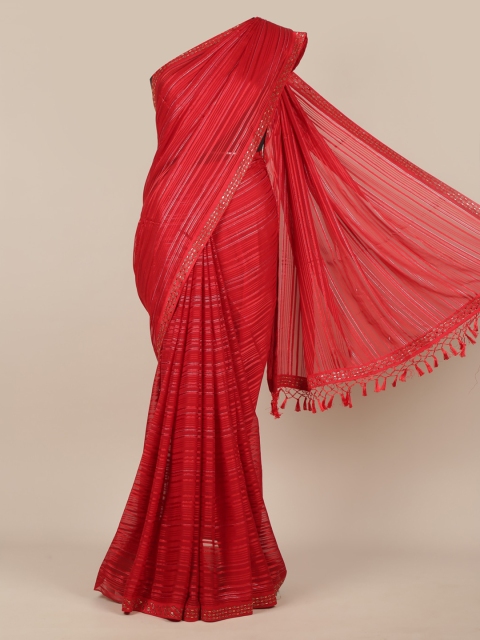 

Pothys Red Striped Poly Chiffon Saree