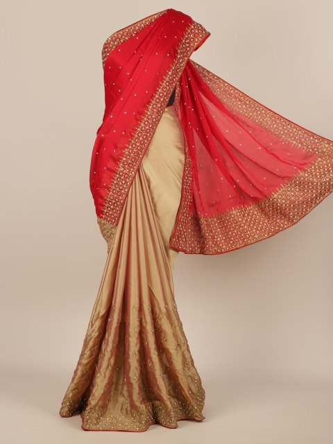 

Pothys Red & Gold-Toned Poly Chiffon Solid Saree