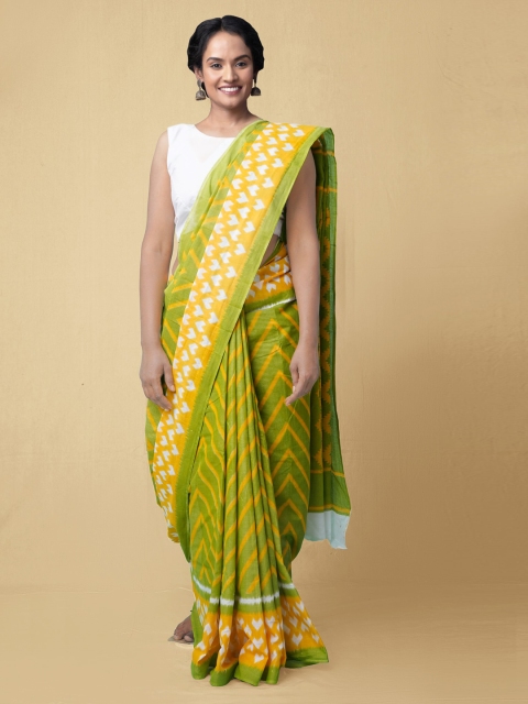 

Unnati Silks Green & Orange Pure Cotton Printed Pochampally Saree