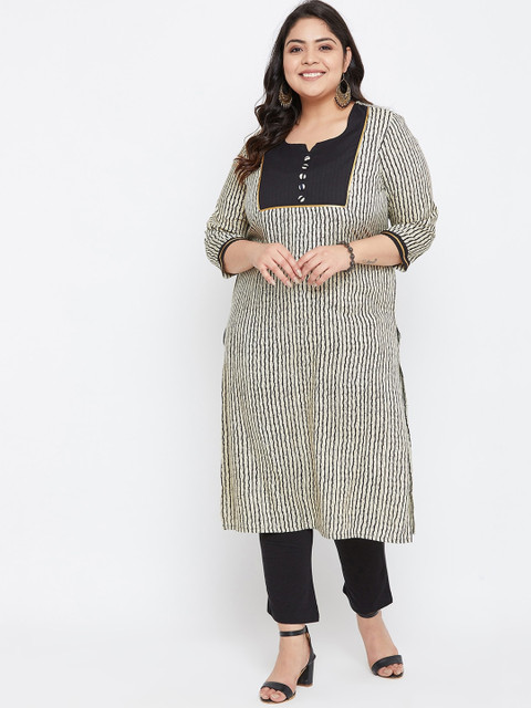 

Agroha Women Black & Off White Striped Plus Size Kurta