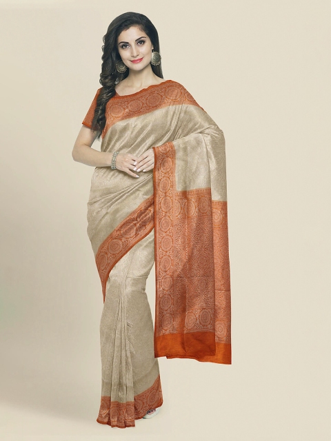 

KLM Fashion Mall Cream-Coloured & Orange Silk Blend Woven Design Banarasi Saree