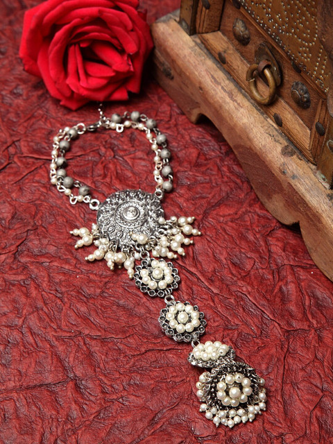 

Moedbuille Pearls Studded Afghan Design Oxidised Silver Plated Handcrafted Ring and Bracelet