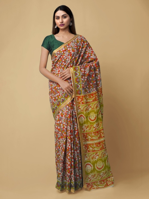 

Unnati Silks Orange & Green Pure Cotton Printed Kanjeevaram Saree