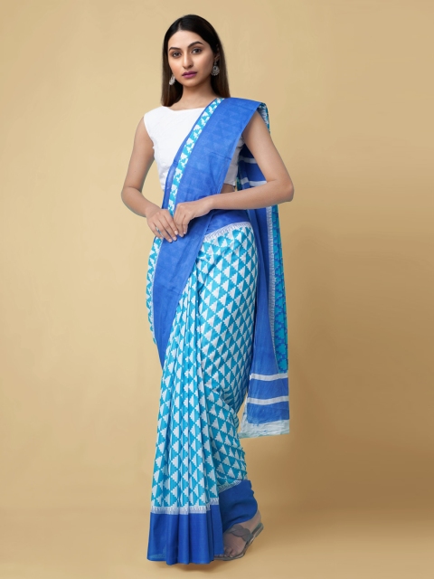 

Unnati Silks Blue & White Pure Cotton Printed Handloom Pochampally Saree