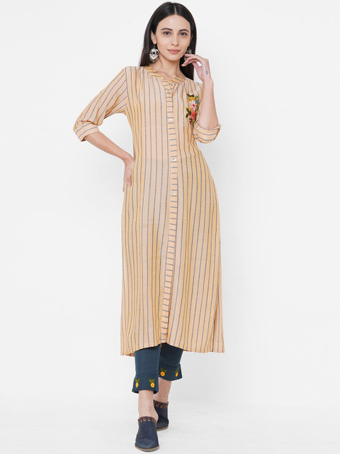 

FASHOR Women Cream-Coloured & Blue Striped Kurta with Trousers