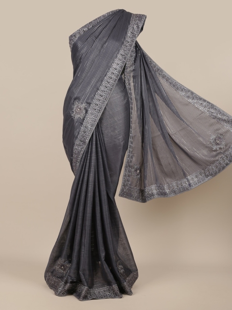 

Pothys Grey Striped Poly Chiffon Saree