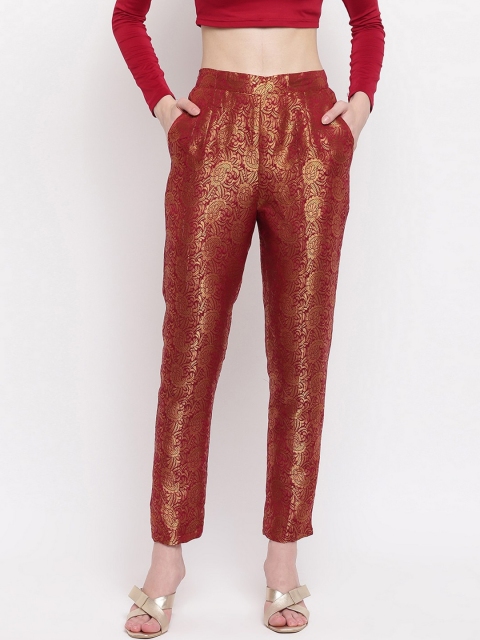 

RIVI Women Maroon & Gold-Toned Slim Fit Woven Design Brocade Peg Trousers