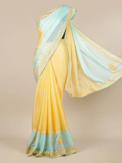 

Pothys Yellow & Blue Poly Chiffon Colourblocked Saree