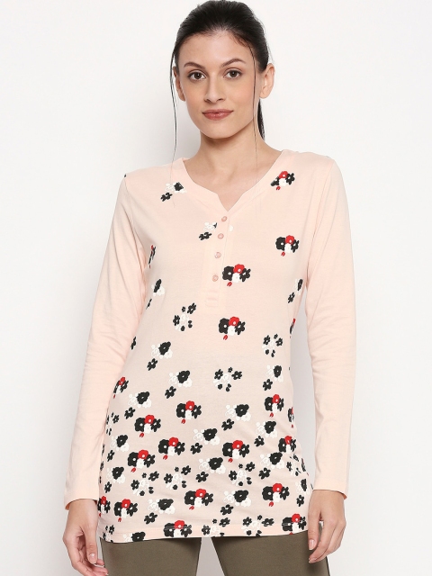 

XIN Women Peach-Coloured Printed V-Neck T-shirt