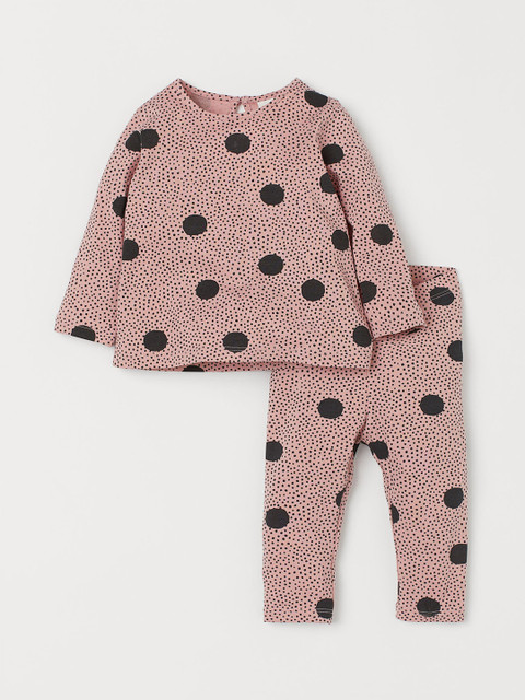 

H&M Girls Pink and Black Polka Dots Printed Top and Leggings